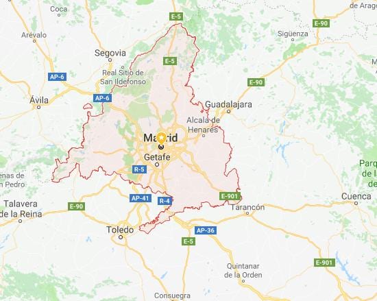 harta e Madridit dhe përreth qyteteve
